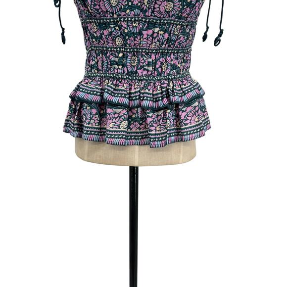 Omika Adaline Top Sleeveless Smocked Peplum Floral Print Blue Pink Green Size XS - Picture 4 of 9